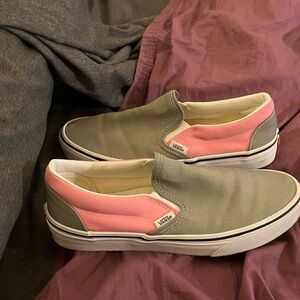 Vans Women's Gray and Pink Slip-On Sneakers